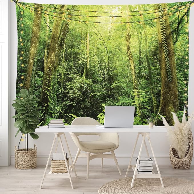 Ambesonne Rainforest Tapestry, Tropical Rainforest Landscape Malaysia Asia Green Tree Trunks Uncultivated Wood Print, Fabric Wall Hanging Decor for Bedroom Living Room Dorm, 45" X 30", Green Yellow