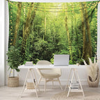 Ambesonne Rainforest Tapestry King Size, Tropical Rainforest Landscape Malaysia Asia Green Tree Trunks Uncultivated Wood Print, Wall Hanging Bedspread Bed Cover Wall Decor, 104" X 88", Green Yellow