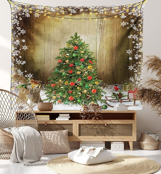 Ambesonne Christmas Tapestry King Size, Pine Tree with Present Boxes on Snowy Board Xmas at Countryside Theme, Wall Hanging Bedspread Bed Cover Wall Decor, King Size, Green Brown