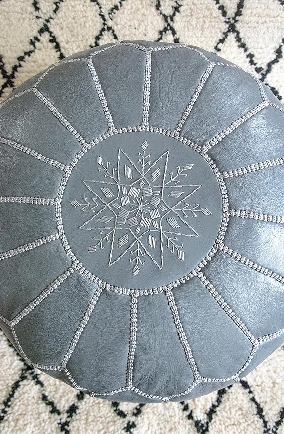 Premium Moroccan Leather Pouf - Handmade - Delivered Stuffed - Ottoman, Footstool, Floor Cushion (Grey)