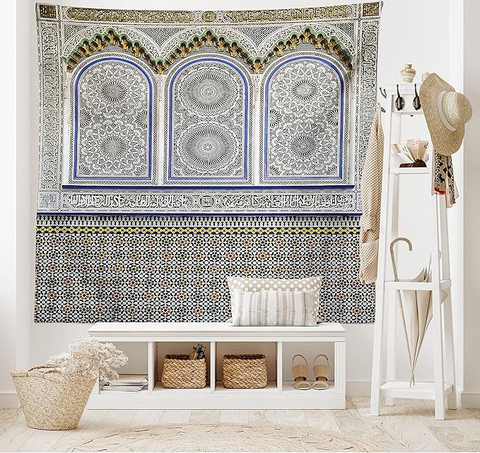 Ambesonne Orient Tapestry King Size, Nostalgic Moroccan Architecture Stone Carving and Motifs Majestic Ottoman Empire, Wall Hanging Bedspread Bed Cover Wall Decor, 104" X 88", Grey Blue