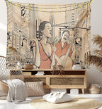 Ambesonne Jazz Music Tapestry King Size, Singer Double-Bass Player in a Street of New York Urban Lifestyle Image, Wall Hanging Bedspread Bed Cover Wall Decor, 104" X 88", Brown Beige