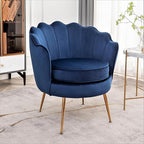 Velvet Barrel Accent Chair with Scalloped Silhouette and Gold Metal Legs, Decorative Piece Suitable for Traditional, Modern, and Contemporary Spaces, Navy Blue