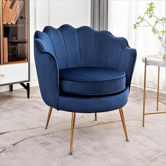 Velvet Barrel Accent Chair with Scalloped Silhouette and Gold Metal Legs, Decorative Piece Suitable for Traditional, Modern, and Contemporary Spaces, Navy Blue