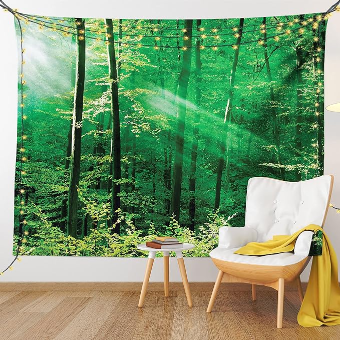 Ambesonne Forest Tapestry, Sun Rays Bursting into the Forest Trees Foliage Misty Morning Serenity Picture, Fabric Wall Hanging Decor for Bedroom Living Room Dorm, 30" X 45", White and Green