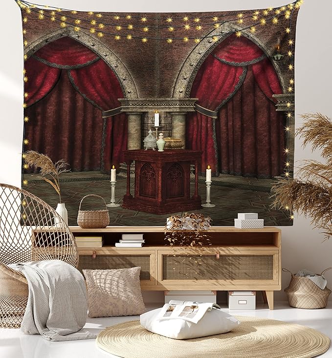 Ambesonne Gothic Tapestry, Mysterious Dark Room in Castle Pillars Candles Atmosphere Pattern, Fabric Wall Hanging Decor for Bedroom Living Room Dorm, 28" X 23", Red Black