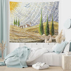 Ambesonne Italian Tapestry King Size, Van Gogh Style Italy Valley Rural Fields European Scenery Painting Print, Wall Hanging Bedspread Bed Cover Wall Decor, 104" X 88", Tan Blue Green