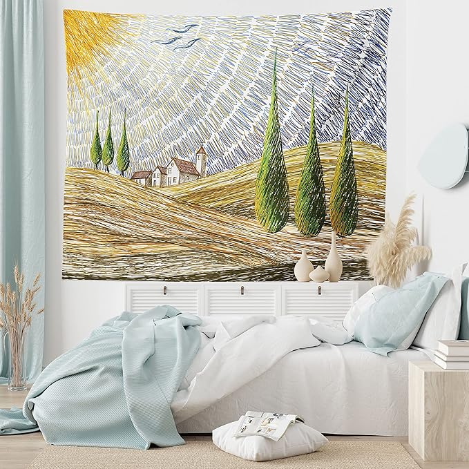 Ambesonne Italian Tapestry King Size, Van Gogh Style Italy Valley Rural Fields European Scenery Painting Print, Wall Hanging Bedspread Bed Cover Wall Decor, 104" X 88", Tan Blue Green