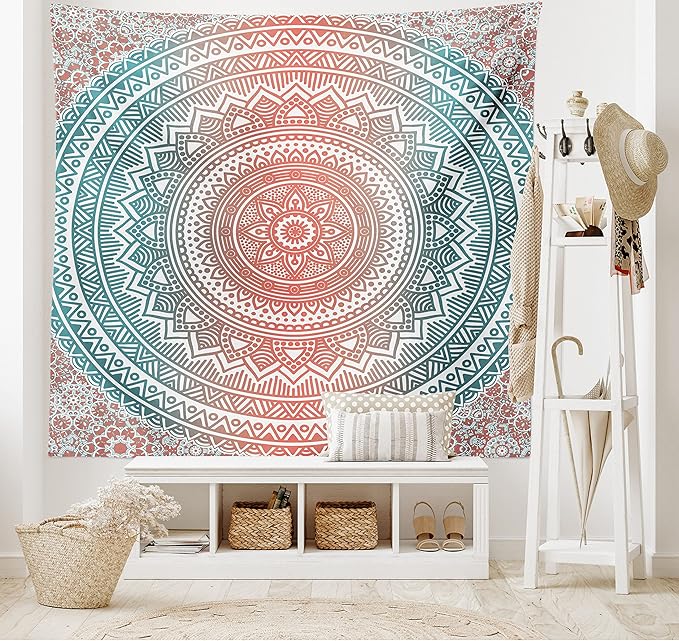 Ambesonne Teal and Coral Tapestry, Ombre Mandala Art Antique Gypsy Folk Pattern Cosmos Image, Fabric Wall Hanging Decor for Bedroom Living Room Dorm, 45" X 30", Teal Coral