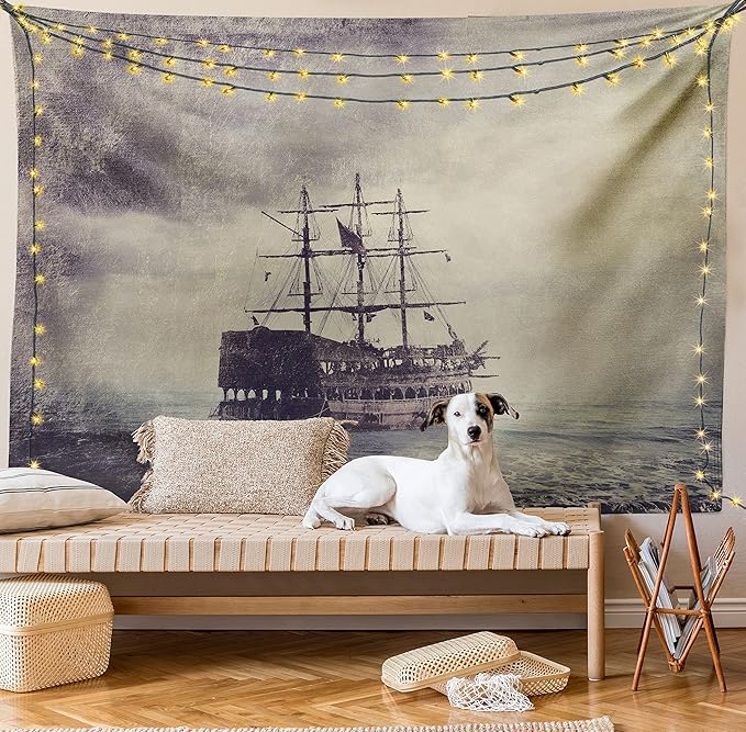 Ambesonne Nautical Tapestry, Old Pirate Ship in the Sea Historical Cruise Retro Voyage Grunge Style Art, Fabric Wall Hanging Decor for Bedroom Living Room Dorm, 23" X 28", Tan Plum