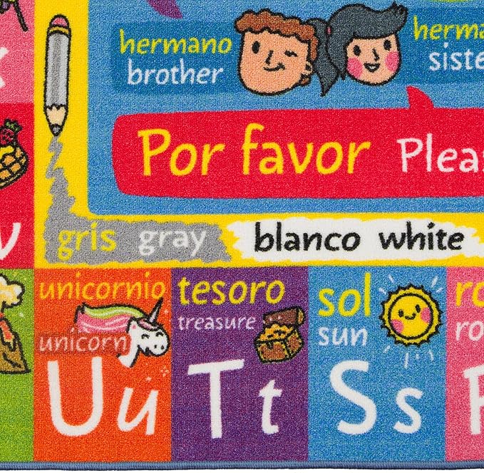 KC Cubs Bilingual Educational Kids Rug – English & Spanish ABC, Colors & Phrases – Language Learning Mat Classroom & Playroom Carpet Baby-Toddler 5x7