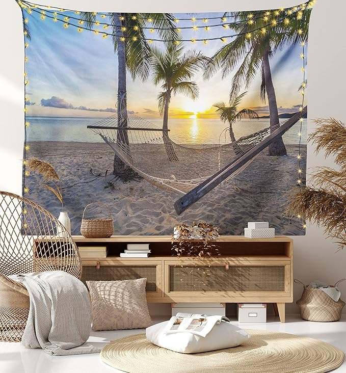 Ambesonne Tropical Tapestry, Paradise Beach Hammock and Coconut Palm Trees Horizon Coast Vacation Scenery, Fabric Wall Hanging Decor for Bedroom Living Room Dorm, 28" X 23", Sand Brown