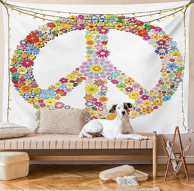 Ambesonne Groovy Tapestry, Floral Peace Sign Summer Spring Blooms Love Happiness Themed Illustration Print, Fabric Wall Hanging Decor for Bedroom Living Room Dorm, 23" X 28", Red White