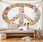 Ambesonne Groovy Tapestry Twin Size, Floral Peace Sign Summer Spring Blooms Love Happiness Themed Illustration Print, Wall Hanging Bedspread Bed Cover Wall Decor, 68" X 88", Red White