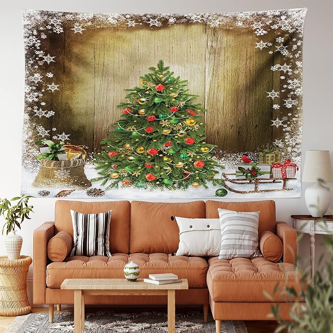 Ambesonne Christmas Tapestry King Size, Pine Tree with Present Boxes on Snowy Board Xmas at Countryside Theme, Wall Hanging Bedspread Bed Cover Wall Decor, King Size, Green Brown