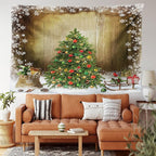 Ambesonne Christmas Tapestry, Pine Tree with Present Boxes on Snowy Board Xmas at Countryside Theme, Fabric Wall Hanging Decor for Bedroom Living Room Dorm, 28" X 23", Green Brown