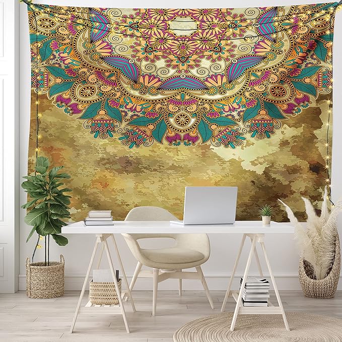 Ambesonne Grunge Tapestry Twin Size, Paisley Like Mandala Motif with Flowers Leaves and Buds Image, Wall Hanging Bedspread Bed Cover Wall Decor, 68" X 88", Dark Mustard Sepia