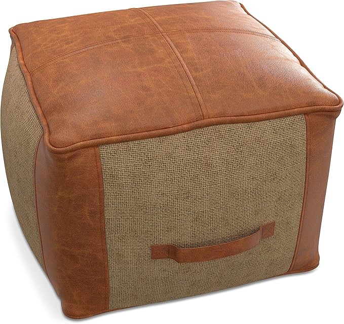 SIMPLIHOME Atkinson Boho Square Pouf in Tan Genuine Leather for the Living Room, Bedroom and Kids Room