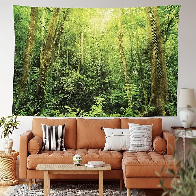 Ambesonne Rainforest Tapestry, Tropical Rainforest Landscape Malaysia Asia Green Tree Trunks Uncultivated Wood Print, Fabric Wall Hanging Decor for Bedroom Living Room Dorm, 45" X 30", Green Yellow