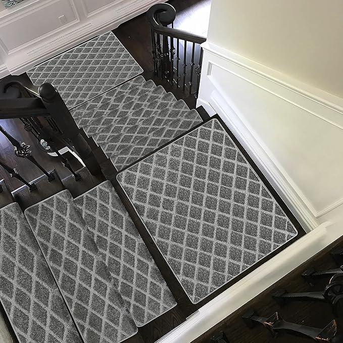 PURE ERA Bullnose Carpet Stair Treads Set Tape Free Non-Slip Indoor Stair Protectors Pet Friendly Rugs 9.5" x 30"(14 Pieces,Grey Diamond Trellis)