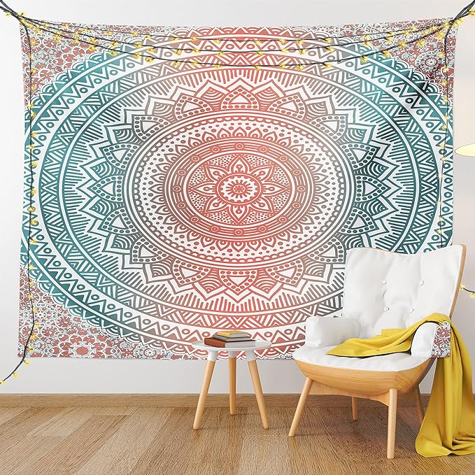 Ambesonne Teal and Coral Tapestry, Ombre Mandala Art Antique Gypsy Folk Pattern Cosmos Image, Wall Hanging for Bedroom Living Room Dorm Decor, 40" X 60", Teal Coral