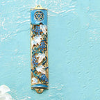 Matashi Hand Painted Blue and Ivory Enamel Grape Mezuzah Embellished with Gold Accents and Crystals Home Door Wall Decor Housewarming Present Gift for Festival (6 inch)