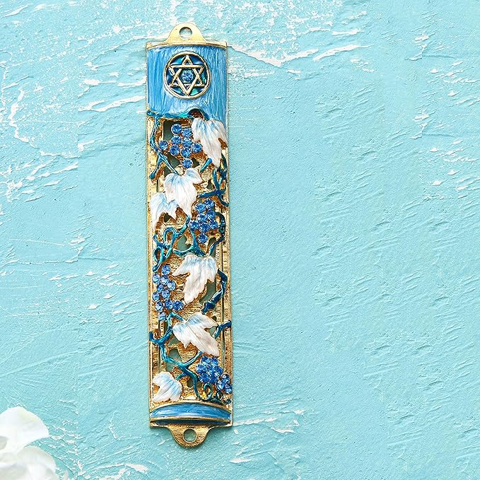 Matashi Hand Painted Blue and Ivory Enamel Grape Mezuzah Embellished with Gold Accents and Crystals Home Door Wall Decor Housewarming Present Gift for Festival (6 inch)