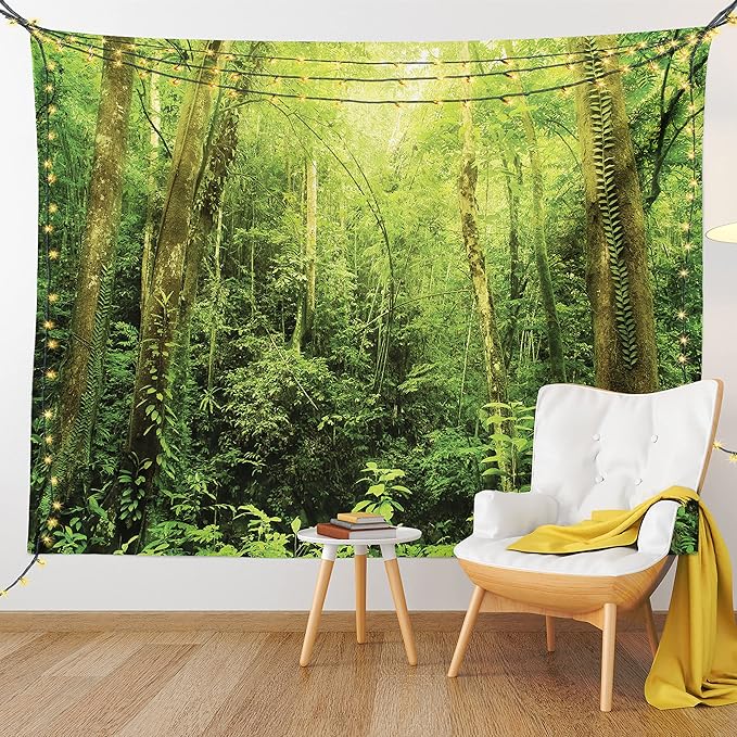 Ambesonne Rainforest Tapestry, Tropical Rainforest Landscape Malaysia Asia Green Tree Trunks Uncultivated Wood Print, Fabric Wall Hanging Decor for Bedroom Living Room Dorm, 23" X 28", Green Yellow