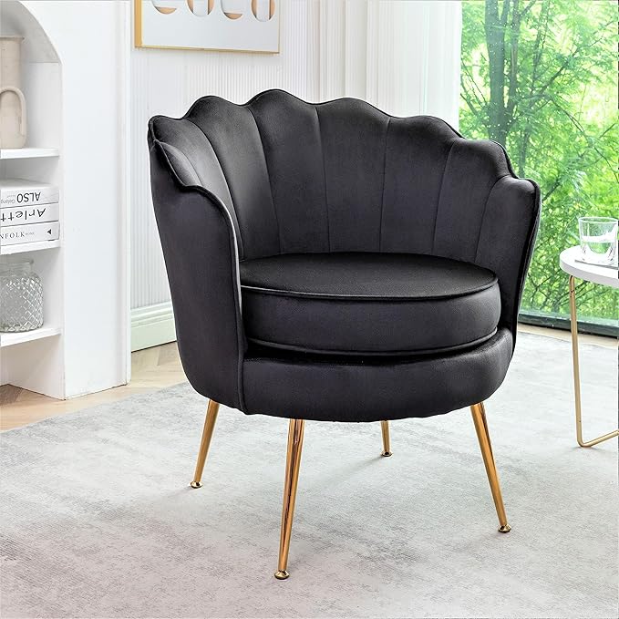 Velvet Barrel Accent Chair with Scalloped Silhouette and Gold Metal Legs, Decorative Piece Suitable for Traditional, Modern, and Contemporary Spaces, Black