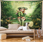 Ambesonne Tale Tapestry, Computer Art Elf Girl Wreath Her Head Sitting on a Tree Stump, Fabric Wall Hanging Decor for Bedroom Living Room Dorm, 30" X 45", Green Beige Pink