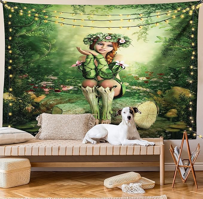 Ambesonne Tale Tapestry Queen Size, Computer Art Elf Girl Wreath Her Head Sitting on a Tree Stump, Wall Hanging Bedspread Bed Cover Wall Decor, 88" X 88", Green Beige Pink