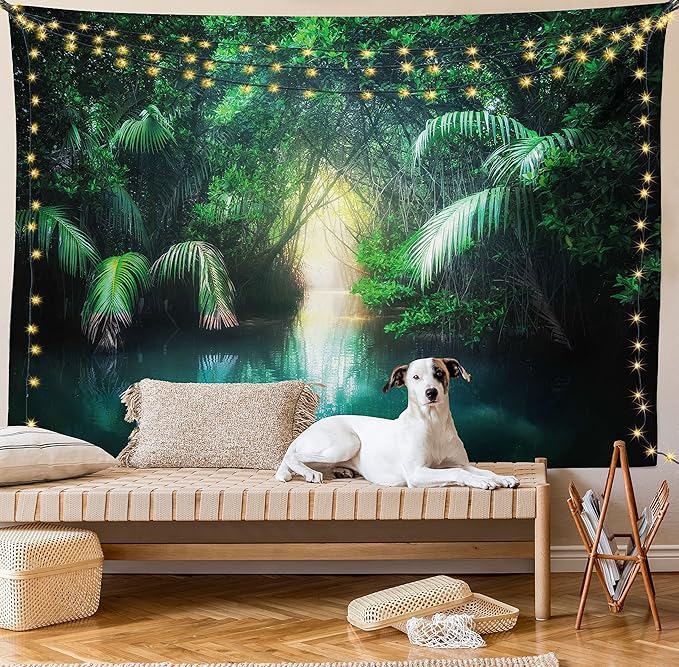 Ambesonne Jungle Tapestry King Size, Tropical Lake Mangrove Rainforest Pathway Through Sri Lanka Travel Destination, Wall Hanging Bedspread Bed Cover Wall Decor, King Size, Green Teal