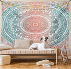 Ambesonne Teal and Coral Tapestry, Ombre Mandala Art Antique Gypsy Folk Pattern Cosmos Image, Fabric Wall Hanging Decor for Bedroom Living Room Dorm, 45" X 30", Teal Coral