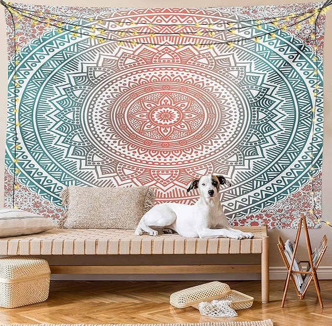 Ambesonne Teal and Coral Tapestry, Ombre Mandala Art Antique Gypsy Folk Pattern Cosmos Image, Wall Hanging for Bedroom Living Room Dorm Decor, 40" X 60", Teal Coral