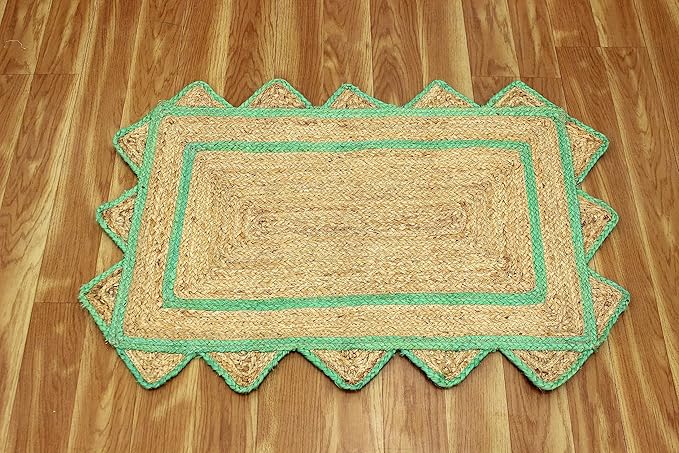 Scalloped Edge Rug, Hand Woven Natural Jute Area Rug, 3x5 Ft Beige & Green Braided Sisal Kilim Rugs for Living Room, Kitchen, Entryway, Farmhouse