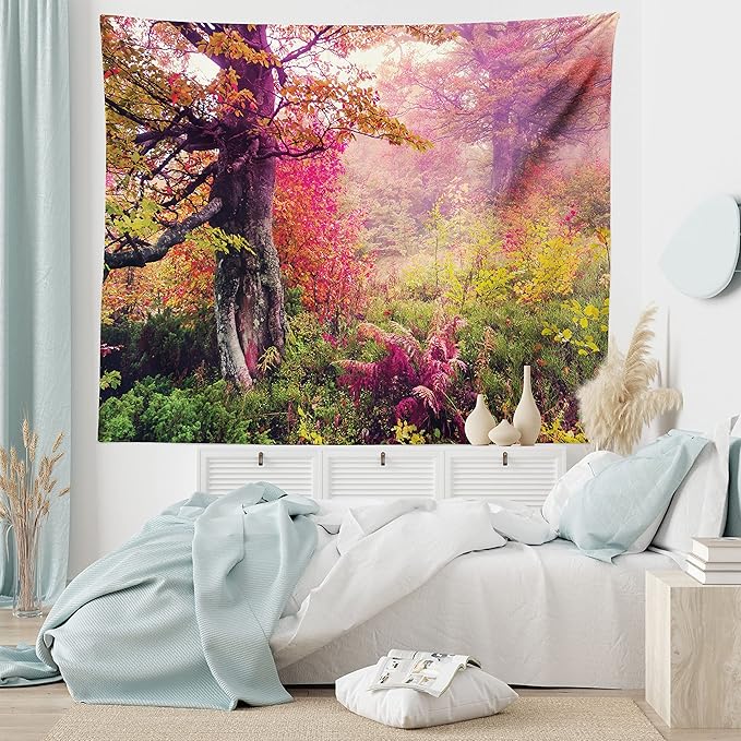 Ambesonne Forest Tapestry King Size, Majestic Landscape Autumn Trees in Woodland Natural Garden in Ukraine, Wall Hanging Bedspread Bed Cover Wall Decor, 104" X 88", Red Green Brown
