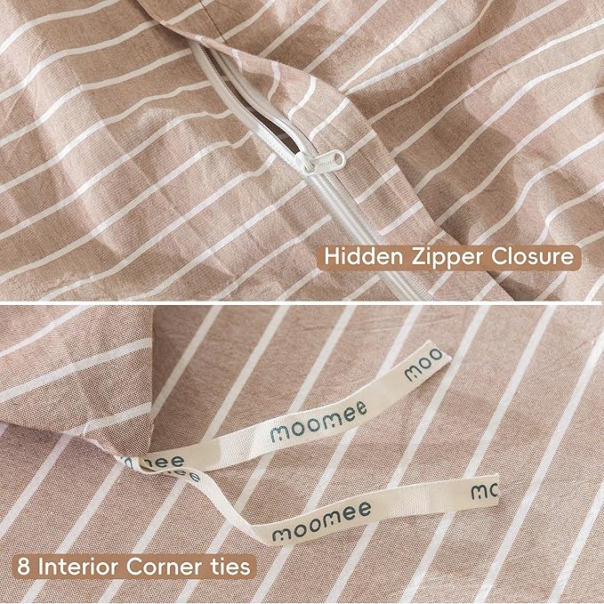 MooMee Striped Duvet Cover Set 100% Washed Cotton Linen Like Textured Breathable Durable Soft Comfy (Orange White Wide Stripes, Cal King 104"x98")