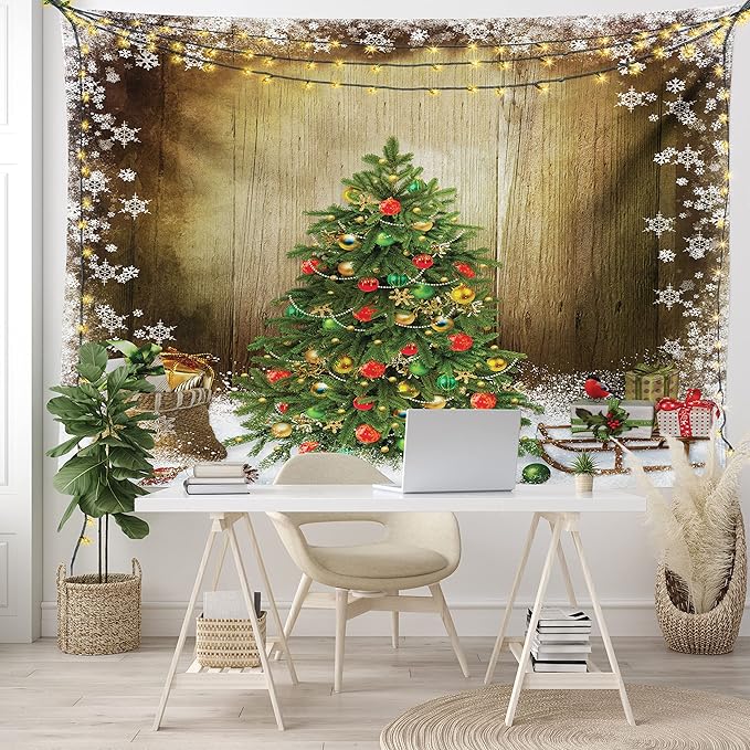 Ambesonne Christmas Tapestry, Pine Tree with Present Boxes on Snowy Board Xmas at Countryside Theme, Fabric Wall Hanging Decor for Bedroom Living Room Dorm, 45" X 30", Green Brown