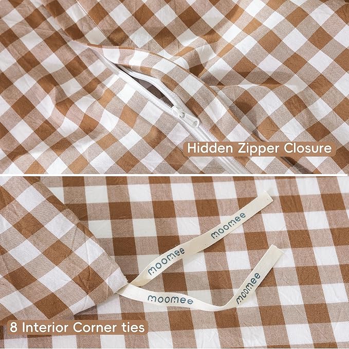 MooMee Gingham Duvet Cover Set 100% Washed Cotton Linen Like Textured Breathable Durable Soft Comfy Modern Checkered Design (Dark Orange Gingham, Twin 68"x90")