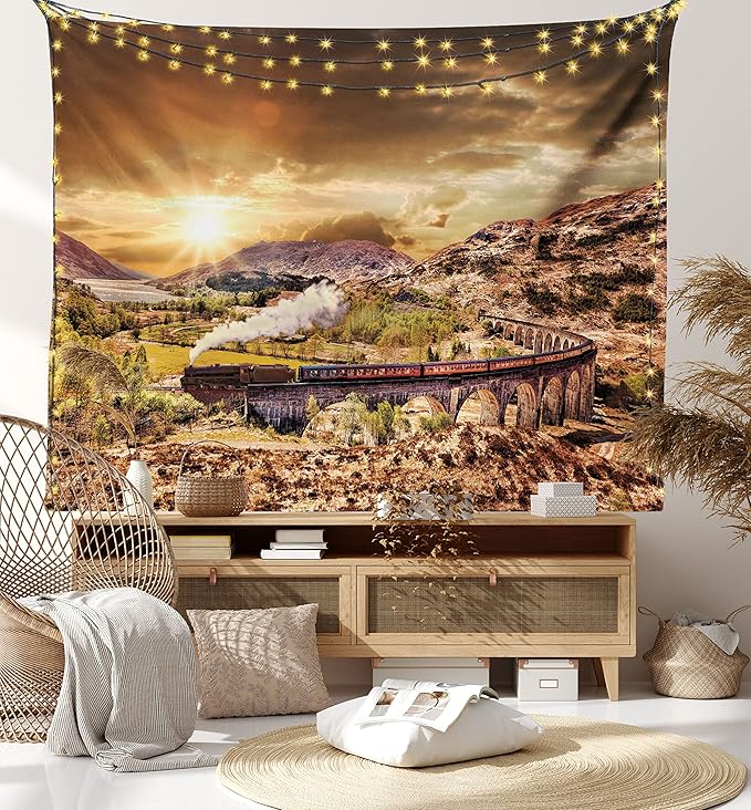 Ambesonne Wizard Tapestry, Wizard Express Famous Train Landscape Glenfinnan Railway Viaduct Scotland Sunset, Fabric Wall Hanging Decor for Bedroom Living Room Dorm, 28" X 23", Brown Green