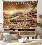 Ambesonne Wizard Tapestry, Wizard Express Famous Train Landscape Glenfinnan Railway Viaduct Scotland Sunset, Wide Wall Hanging for Bedroom Living Room Dorm, 60" X 40", Brown Green