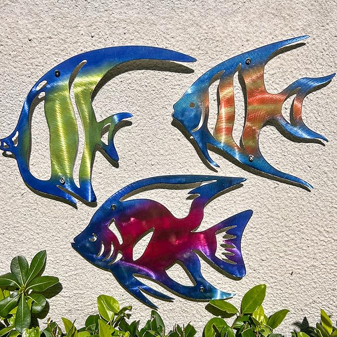 LiveInUrban Coastal Wall Art Angelfish Metal Wall Sculptures, Ocean Beach Themed Metal Hanging Home Decoration 3PCS 9.9"x7.8"