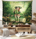 Ambesonne Tale Tapestry, Computer Art Elf Girl Wreath Her Head Sitting on a Tree Stump, Fabric Wall Hanging Decor for Bedroom Living Room Dorm, 23" X 28", Green Beige Pink