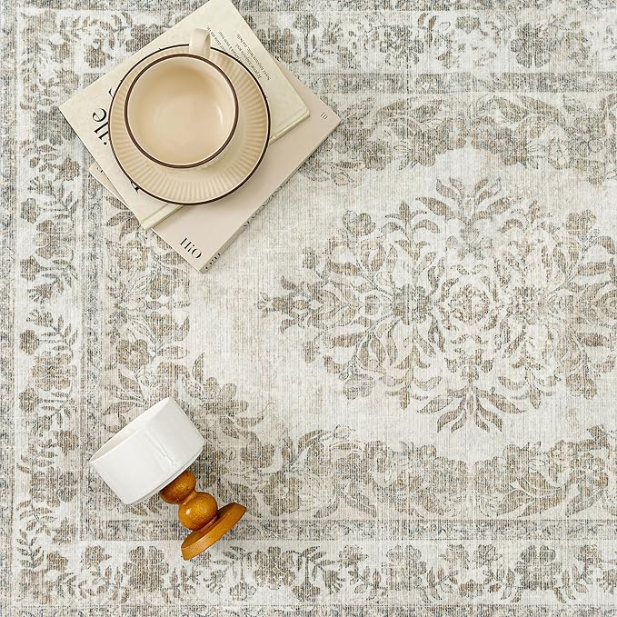 2x6 Runner Rug Beige Washable Hallway Kitchen Bedroom Vintage Distressed Bathroom Non Slip Medallion Floral Carpet Indoor Retro Throw Floor Mat for Office Dining Laundry Living Room