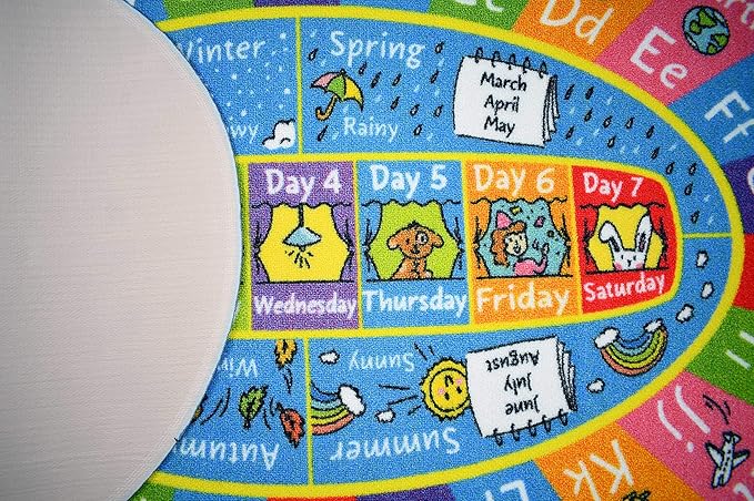 KC Cubs Educational Kids Rug – ABC Alphabet, Seasons, Months & Days Learning Mat – Soft Interactive Carpet for Classroom, Playroom & Bedroom 8x10 Oval