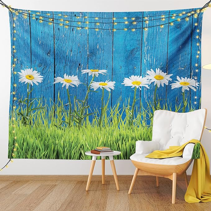 Ambesonne Flower Tapestry, Fresh Springtime Grass and Daisy on Fence Summer Simple Vintage Style Print, Wide Wall Hanging for Bedroom Living Room Dorm, 60" X 40", Blue and Green