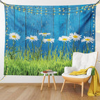 Ambesonne Flower Tapestry, Fresh Springtime Grass and Daisy on Fence Summer Simple Vintage Style Print, Fabric Wall Hanging Decor for Bedroom Living Room Dorm, 30" X 45", Blue and Green