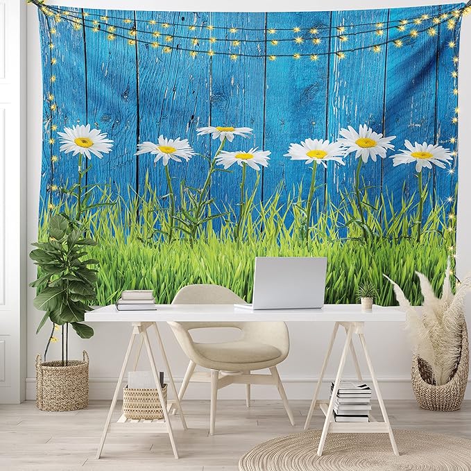 Ambesonne Flower Tapestry, Fresh Springtime Grass and Daisy on Fence Summer Simple Vintage Style Print, Wide Wall Hanging for Bedroom Living Room Dorm, 60" X 40", Blue and Green