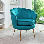 Velvet Barrel Accent Chair with Scalloped Silhouette and Gold Metal Legs, Decorative Piece Suitable for Traditional, Modern, and Contemporary Spaces, Greenish Blue