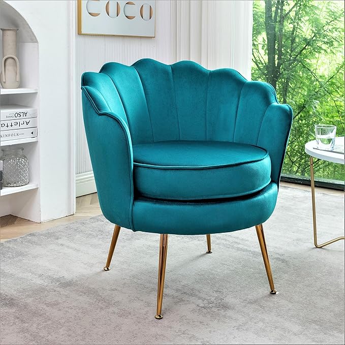 Velvet Barrel Accent Chair with Scalloped Silhouette and Gold Metal Legs, Decorative Piece Suitable for Traditional, Modern, and Contemporary Spaces, Greenish Blue